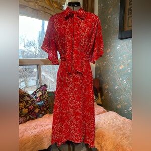 Red Floral Midi Dress Vintage Style Red Dress Women’s Midi Dress